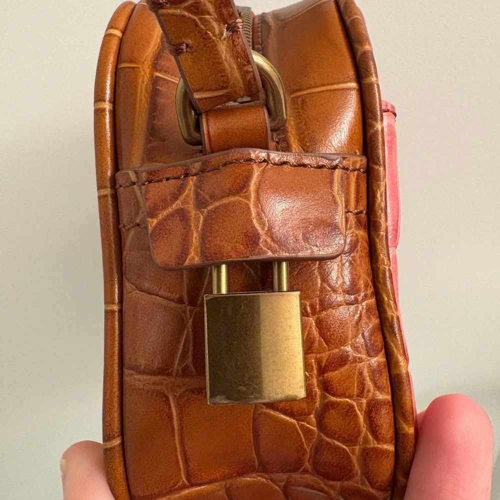 J. Crew Mini Leather Signet Camera Bag in Pink Yellow Brown Embossed Croc - Picture 4 of 16